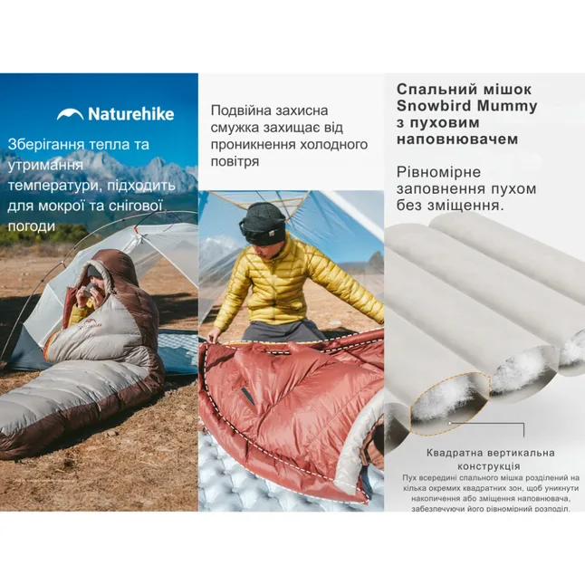 Спальник з натуральним пухом Naturehike Snowbird CNK2550WS014, p-р L, коричневий 400 г — Photo 8