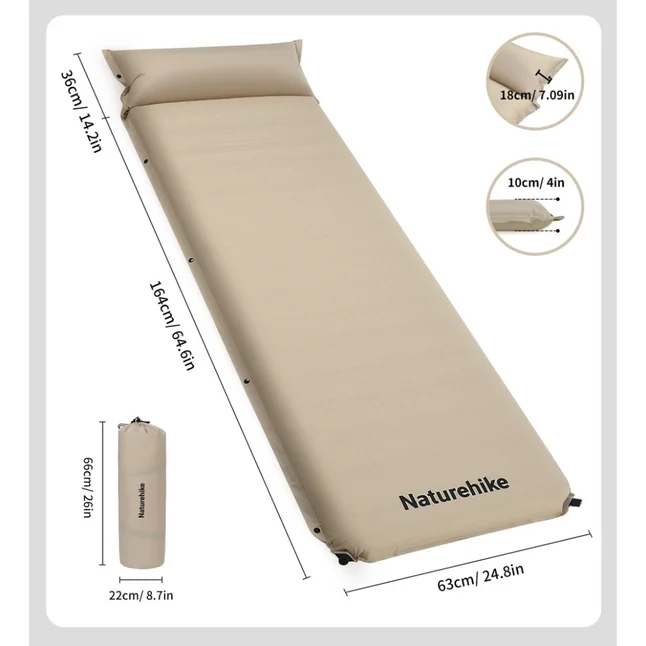 Матрац з подушкою ортопедичний одномісний Naturehike CNK2450WS020, самонадувний, 200х63х10 см, бежевий — Photo 1