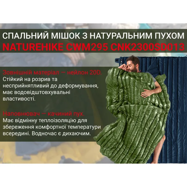 Спальний мішок з натуральним пухом Naturehike CWM295 CNK2300SD013, зелений — Photo 8