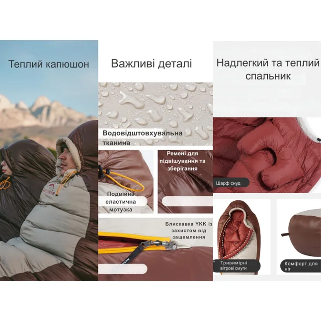Спальник з натуральним пухом Naturehike Snowbird CNK2550WS014, p-р L, коричневий 400 г — Photo 9