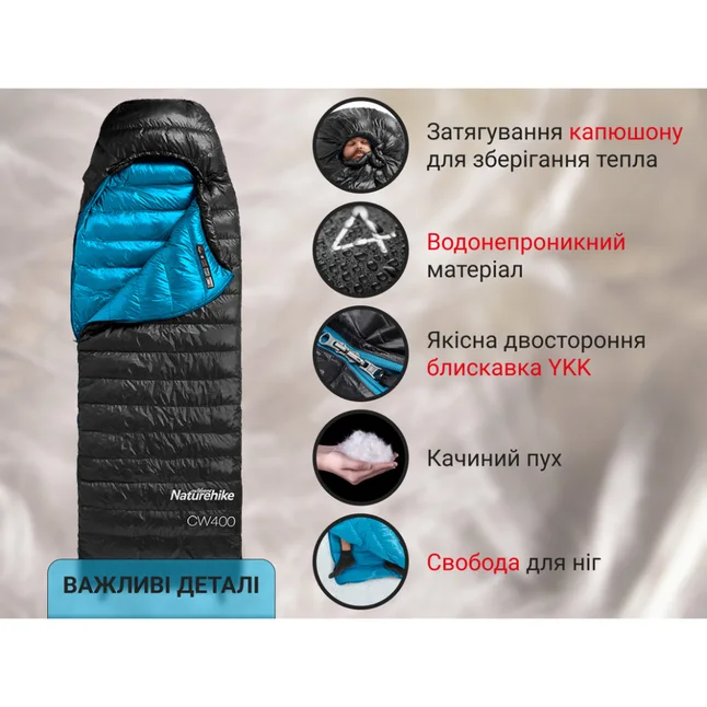 Спальник з натуральним пухом Naturehike CW400 NH18C400-D, p-р L, жовто-сірий (6927595794562) — Photo 12