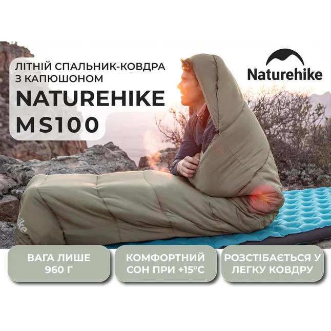 Спальний мішок з капюшоном Naturehike MS100 CNK2350WS023 правий, зелений — Photo 6