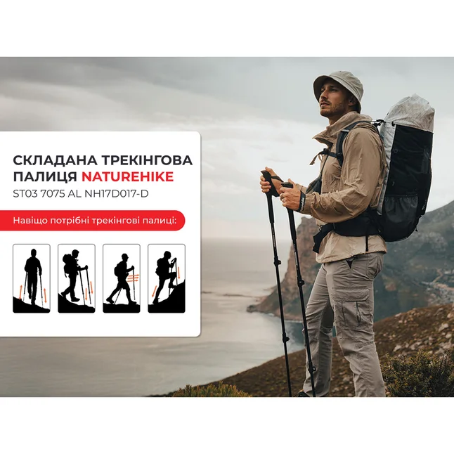 Трекінгові палиці 2шт Naturehike ST 03 7075 AL NH17D017-D, 3-сек. Чорні — Photo 3
